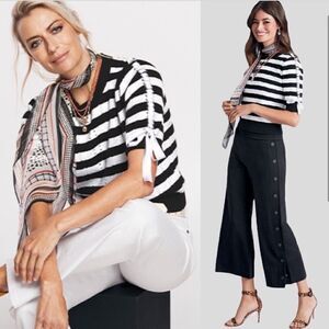 Cabi Runaway Pullover Striped Knit Short Sleeve Lace Up Sweater